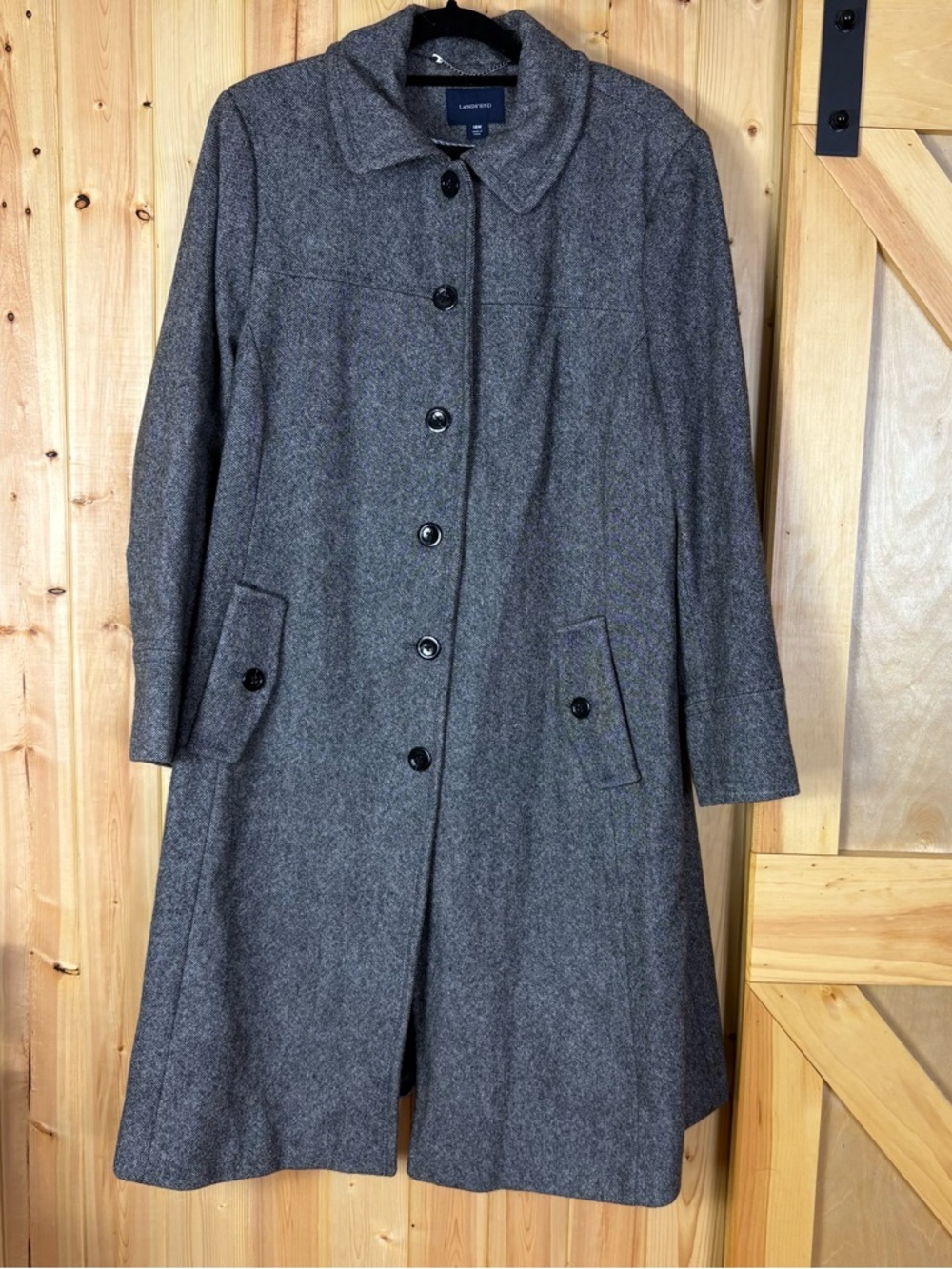 Lands’ End Wool Gray Tweed Long Coat Womens 18W Button Front Career Classic